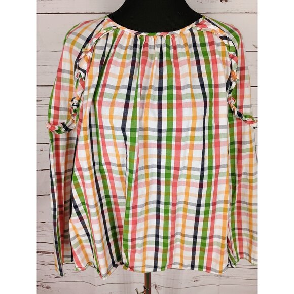Crown & Ivy Size 2X Green Red Picnic Highland Holiday Ruffle Blouse - Picture 7 of 9